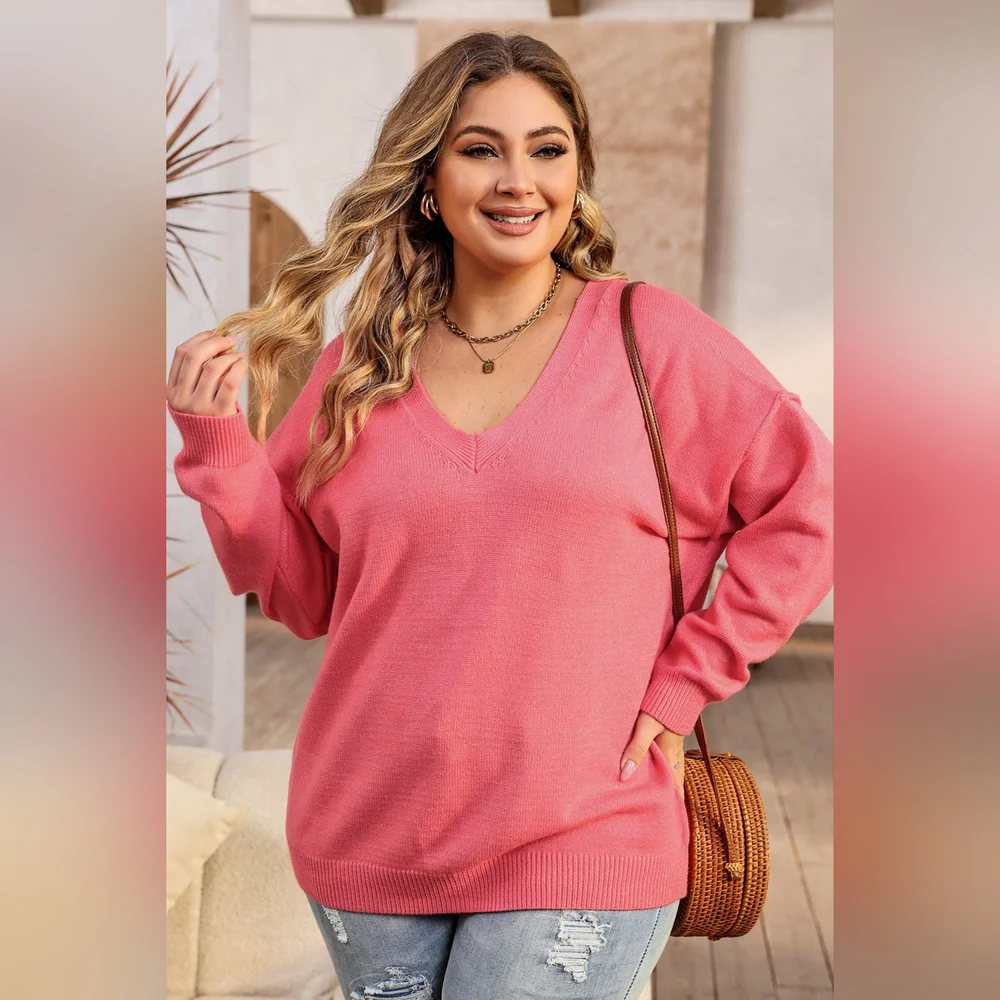 Plus Size V-Neck Dropped Shoulder Sweater - Picture 4 of 6